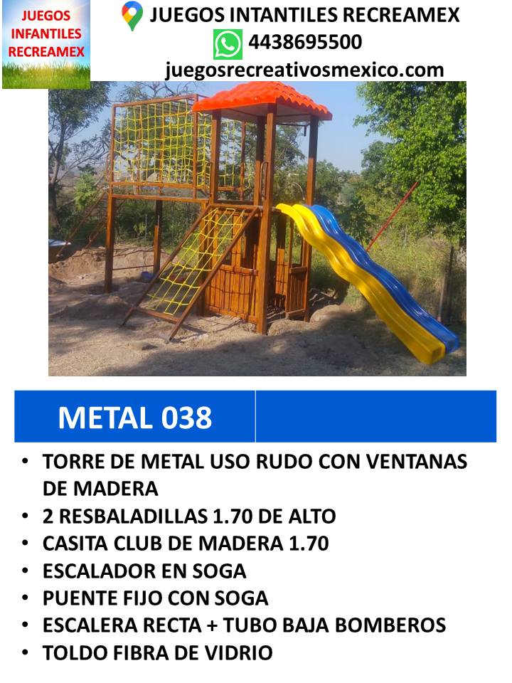 modulo de metal con puente, 2 resbaladillas y escalera en soga